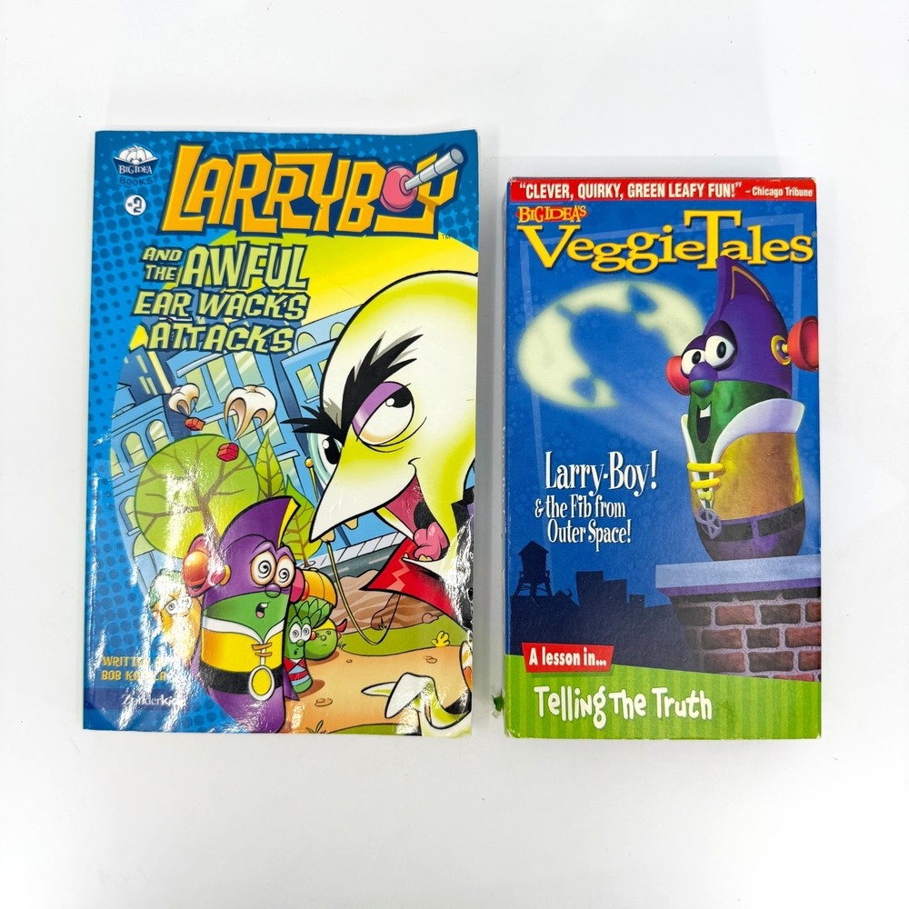 Veggietales Larry Boy VHS & Book Bundle - The Fib From Outer Space, Ear Wacks